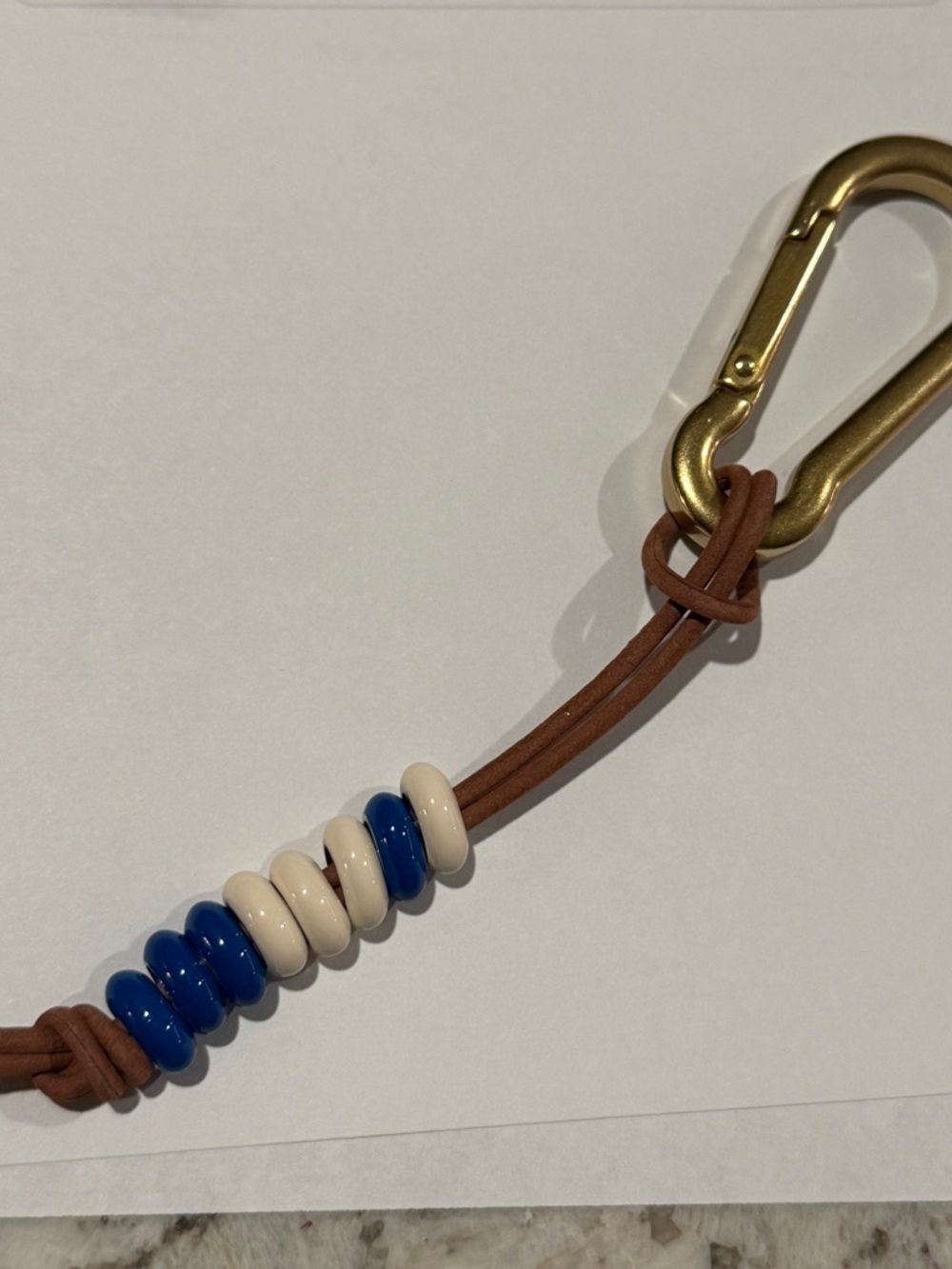 Adina ReyterBeaded Leather Carabiner Keychain - Blue & Cream